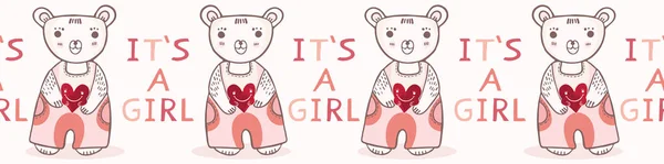 Cute Its Girl Teddy Bear Seamless Vector Border New Baby — Stock Vector