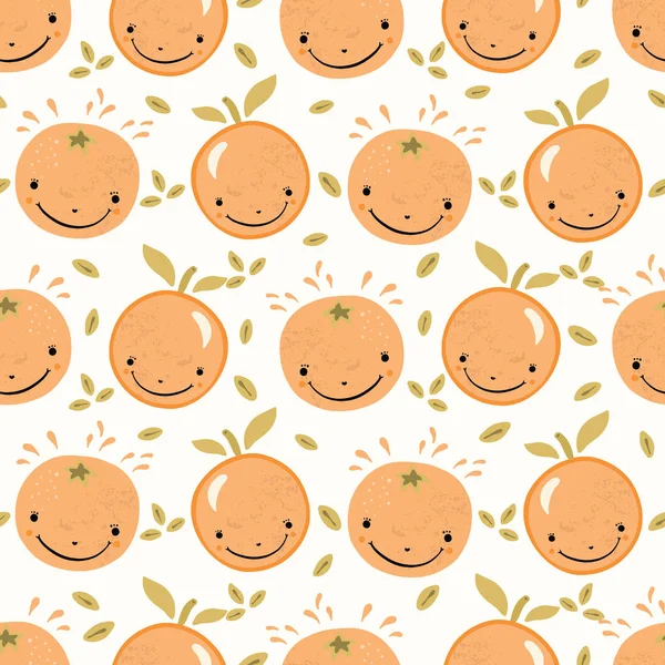 Bonita Naranja Entera Cítricos Dibujos Animados Con Caras Sonrientes Ilustración — Vector de stock