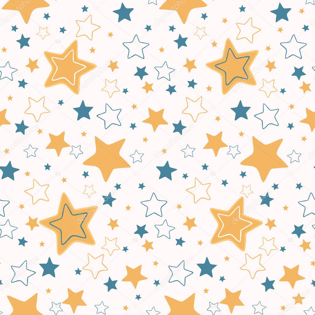 Cute vector cartoon starry sky. Hand drawn seamless repeat pattern. Night time magical cosmic space elements illustration for baby or kids.