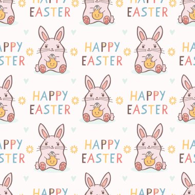 Sevimli karikatür vektör Paskalya tavşanları. El çizilmiş Dikişsiz vektör deseni. Mutlu tavşan pastel düz renk papatya çiçek yumurtası ile illüstrasyon harf. Çocuklar için Hıristiyan tatil kutlama.