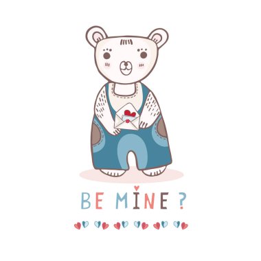 Aşk mektubu ile sevimli karikatür oyuncak ayı. Sevgililer günü tebrik kartı için el çizilmiş vektör illüstrasyon. Kawaii pastel düz renkli benim metin olmak.