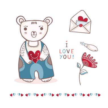 Aşk mektubu ve çiçek ile sevimli karikatür oyuncak ayı. Sevgililer günü tebrik kartı için el çizilmiş vektör illüstrasyon. Kawaii seni pastel düz renkli metin seviyorum.
