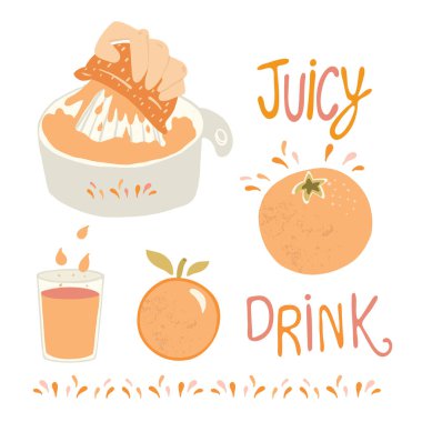 Vektör taze sıkılmış sulu turuncu narenciye cam ile. El çizilmiş çizim öğeleri simge kümesi. Sağlıklı vitamin gıda clipart için sıkma el ile taze tropikal meyve suyu sıçrama.