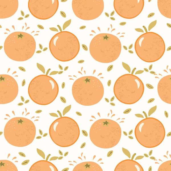 Jugosa Fruta Cítrica Naranja Entera Con Hojas Ilustración Patrón Vectorial — Vector de stock