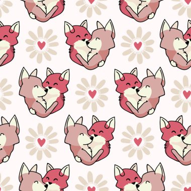 Vektör şirin fox kalpler sarıl. Seamless yineleme modeli. Çekilmiş 2 foxy hayvanlar aşk kalp içinde romantik Sevgililer günü için sarılma el düğün veya evde beslenen hayvan arka plan yıldönümü. Bedava sarılmak kavramı.