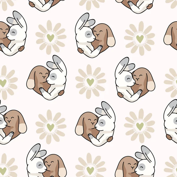 Vector Cute Bunny Knuffel Daisy Liefde Harten Naadloos Herhalingspatroon Hand — Stockvector