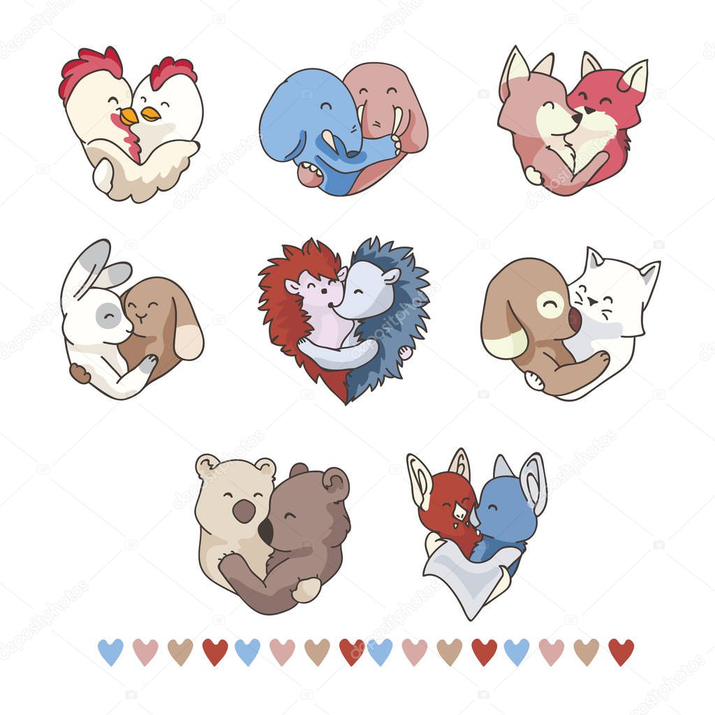 Vector cute animal hug hearts. Hand drawn illustration element motif, isolated. 2 animal couples hugging for romantic valentines day, wedding or love is all you need background. Free hug concept.