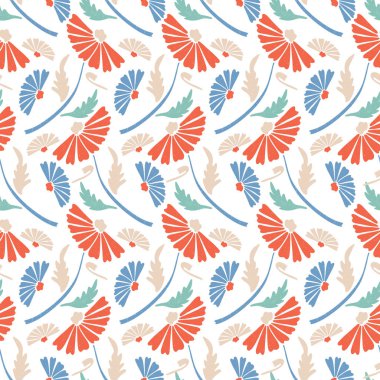 Çiçek Baskı Vektör her yerinde. Renkli Blooms Beyaz Arka Plan Halk Sanatı Stili Kesintisiz Tekrar Desen. Moda Baskılar, Duvar Kağıdı, Kırtasiye, Çiçek Bahçe Ambalaj için El Boyalı Şeritler.