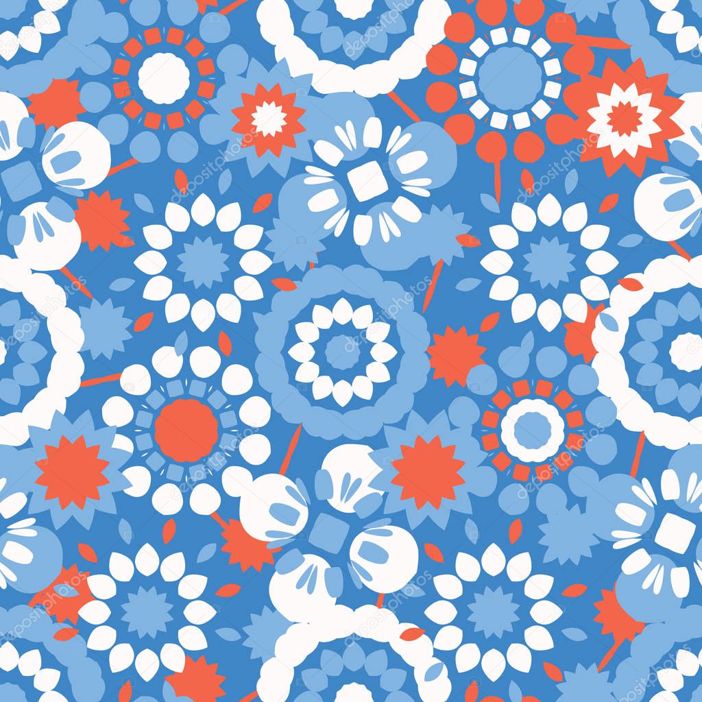 Retro Flowers All Over Print Vector. Colorful Tossed Blooms Seamless Repeating Pattern in 1970s Style on Summer Background. Trendy for Beach Fashion Prints, Wallpaper, Stationery, Floral Packaging.
