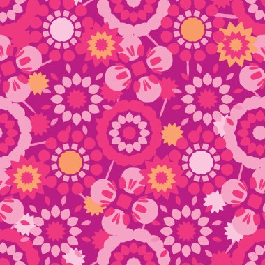 Retro Çiçekler Baskı Vektör her yerinde. Renkli Tossed Blooms Dikişsiz Tekrar Desen 1970'lerin Stil Mor Arka Plan üzerinde. Moda Baskılar, Duvar Kağıdı, Girly Kırtasiye, Çiçek Ambalaj için Trendy.