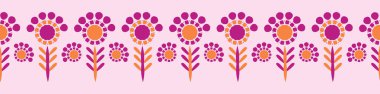 Retro Daisy Blooms Dikişsiz Sınır Vektörü. Renkli Halk Çiçekleri Pembe Arka Plan Vintage 1970'lerin Tarzı Banner Kaynaklanıyor. Girly Kırtasiye, Çiçek Ambalaj, Mutfak Gereçleri, İzole Kenarlar için Trendy