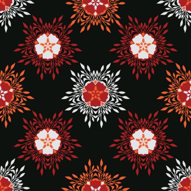 Boho Star Çiçek Blooms Her Yerinde Baskı Vektör. Renkli Çiçek Dikişsiz Tekrar Desen. Koyu Siyah Kırmızı Halk Arka Plan. El Moda Baskılar, Duvar Kağıdı, Kırtasiye, Hipster Bahçe Ambalaj.
