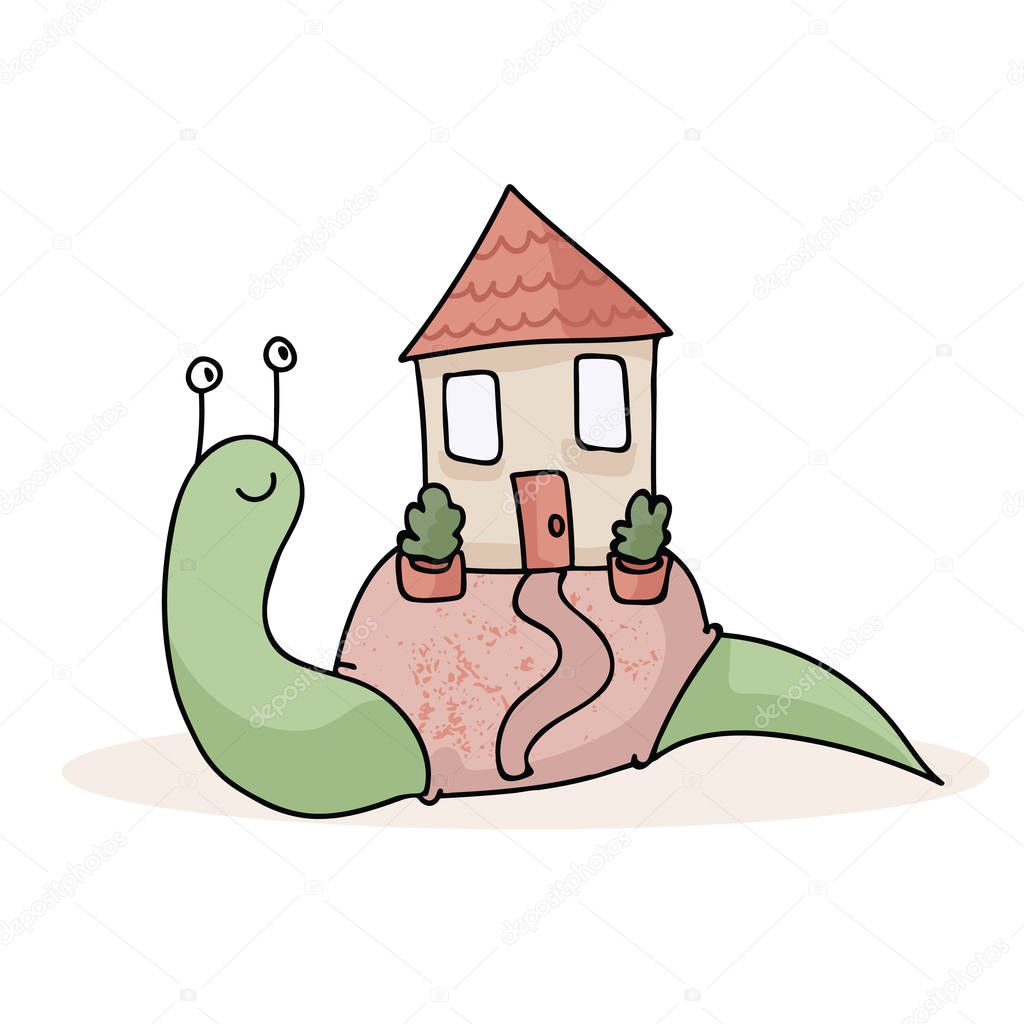 Cute Snail House Spot Illustration for House Warming Scrapbooking. Adorable mollusc with new home drawing for trendy cards. Hand drawn vector character in color.