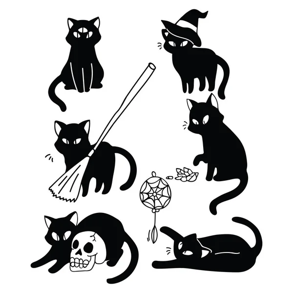 Witchy Cats Vector Illustration Personaje Místico Familiar Para Magia Flatcolor — Archivo Imágenes Vectoriales