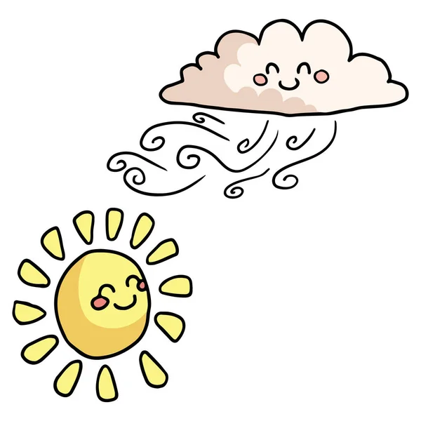 Kawaii Sun Clouds Weather Vector Illustration Cute Designs Adorável Céu —  Vetores de Stock