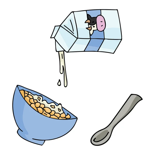 Linda Ilustración Vectores Cereales Desayuno Avena Saludable Tazón Embalaje Leche — Archivo Imágenes Vectoriales