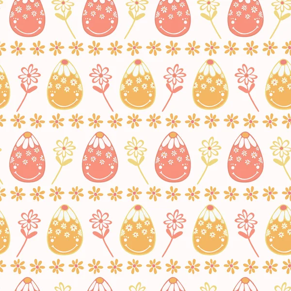 Симпатичные Векторные Мультфильмы Украшенные Пасхальные Яйца Ромашки Цветы Бесшовные Полосы — стоковый вектор