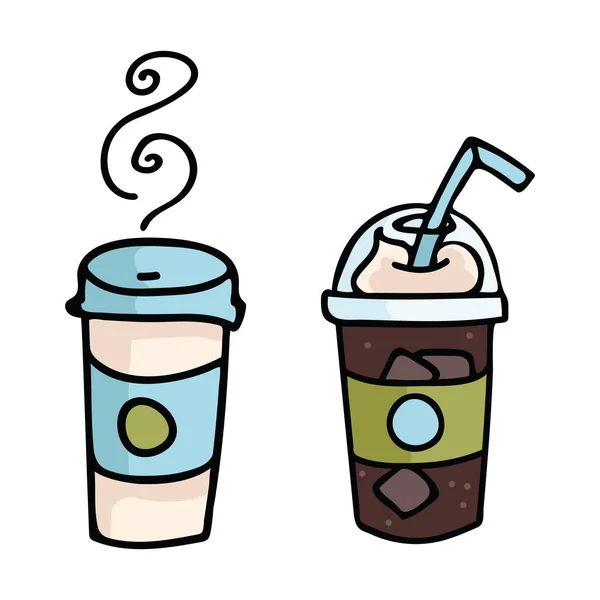 Cute Coffee Frappe Cartoon Vector Illustration Motif Set Hand Drawn — Stock Vector