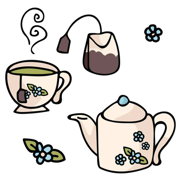 かわいい茶器漫画ベクトル イラスト モチーフ セット カフェのブログ 食べ物のグラフィック カフェ レストランの Web ボタンの手描き花柄ティーポット要素クリップアート — ストックベクタ