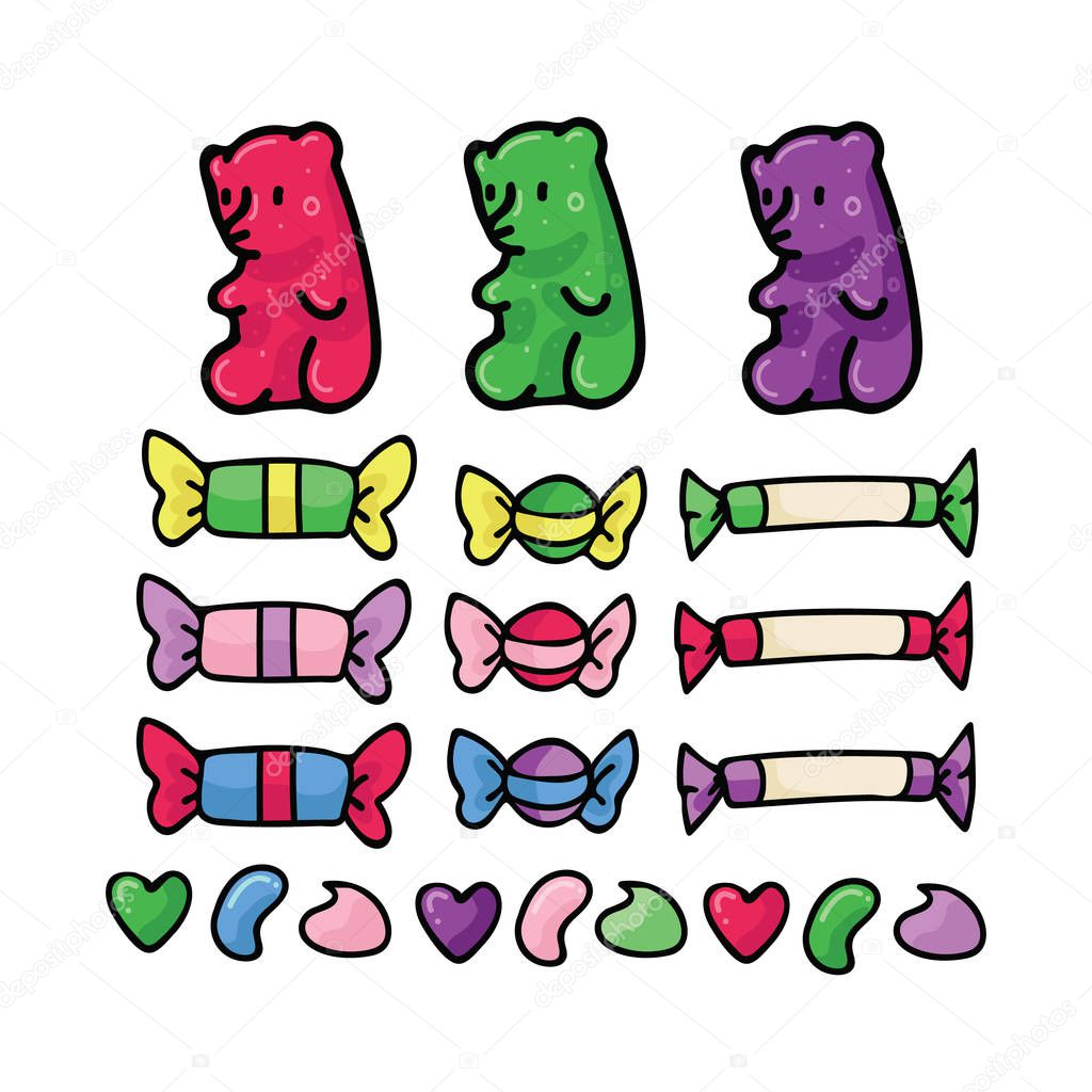 Cute candy cartoon vector illustration motif set. Hand drawn gummy bear and wrapped sweets elements clipart for kitchen foodie blog, food graphic, web buttons.