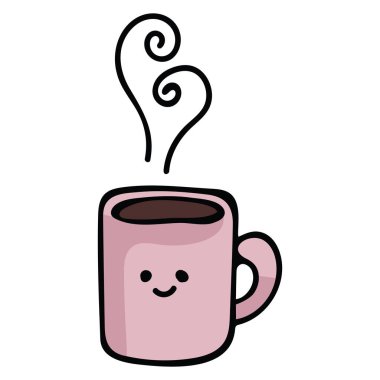 Kawaii kahve kupa karikatür vektör çizim motifi set. Elle çizilmiş sıcak içecek öğeleri clipart Mutfak blog, gıda grafik, kafe restoran web düğmeleri.
