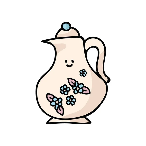 Kawaii Fancy Teapot Tecknade Vektor Illustration Motiv Set Handritad Eleganta — Stock vektor
