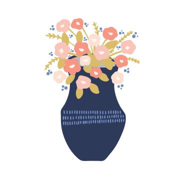 El çizilmiş mercan mavisi bahar çiçek vazosu. İzole vektör motifi elemanı. Trendy şık çiçek buketi. Çiçekçi simge düğmeleri, kutlama veya hediye kartı clipart için parlak çiçekler illüstrasyon.