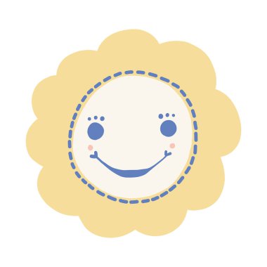 Sevimli gülümseyen yüzü ile el çizilmiş mavi vektör bahar çiçek. Kawaii ayçiçeği veya papatya çiçek illüstrasyon motif elemanı. İlkbahar veya yaz bahçesi küçük resim için.