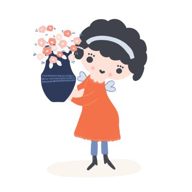 Bahar çiçek vazo tutan sevimli karikatür kız melek peri el çizilmiş vektör. Parti kutlamaları için el çizilmiş kawaii gülümseyen kız illüstrasyon, yeni bebek veya çocuk girly mutlu doğum günü klips.