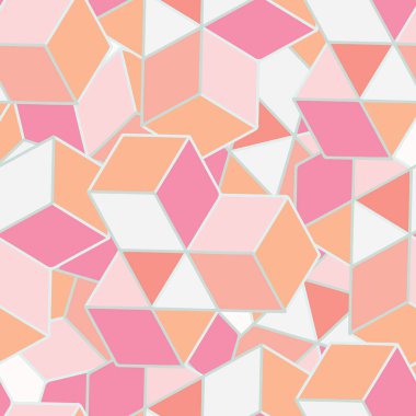 Grafik attı geometrik küp mozaik. Soyut dikişsiz vektör deseni. Trendy mercan pembe 3d küp, elmas, üçgen şekli ile baskı her yerinde. Hediye paketi veya modern arka plan için şık illüstrasyon.