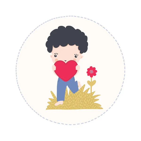 Vector Lindo Niño Sosteniendo Ilustración Motivo Corazón Rojo Dibujado Mano — Archivo Imágenes Vectoriales