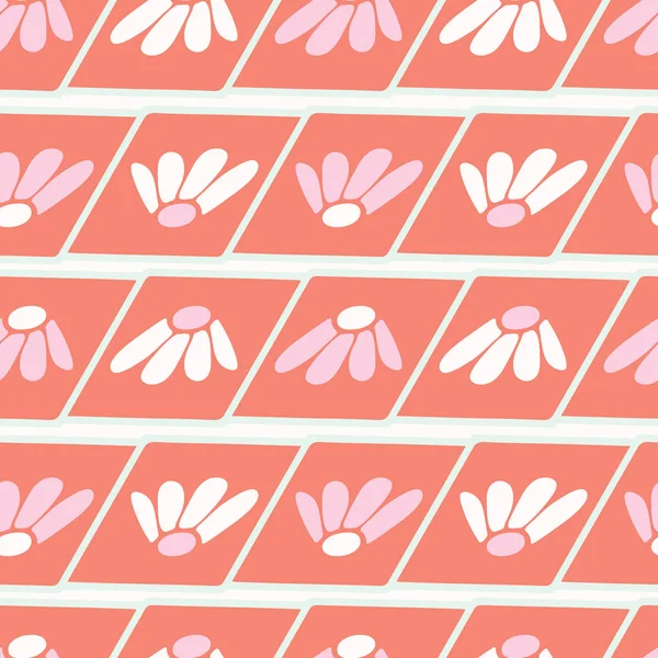 Retro spring floral geometric diamond with daisies stripes. Abstract seamless vector pattern illustration. Trendy coral pink, mint green. All over print with daisy shape. Summer home decor background.