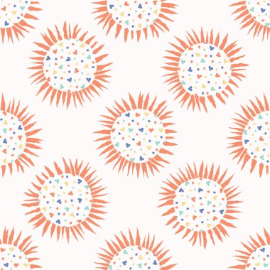 Aşk kalp konfeti polka nokta güneş. Dikişsiz vektör deseni. Baskının her yerinde yinelenen elle çizilmiş. Trendy moda baskılar için soyut kawaii gökkuşağı daire illüstrasyon, çocuk odası ev dekorasyonu arka plan.
