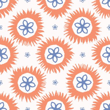 El çizilmiş bahar halk çiçek daireler. Kesintisiz yinelenen vektör deseni. Trendy soyut papatyalar polka nokta. Moda, hediye sarma veya yazlık ev dekorasyonu arka plan için baskı illüstrasyon her yerinde.