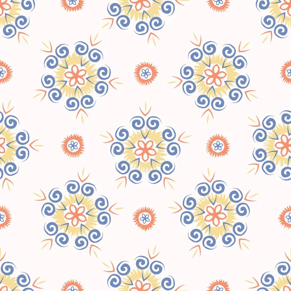 Hand drawn spring folk flower circles. Seamless repeating vector pattern. Trendy abstract spiral daisies. All over print illustration for fashion, gift wrapping or summer home decor background.