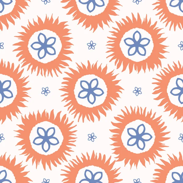 Hand drawn spring folk flower circles. Seamless repeating vector pattern. Trendy abstract daisies polka dot. All over print illustration for fashion, gift wrapping or summer home decor background.