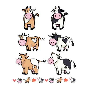 Sevimli koleksiyonu karikatür vektör illüstrasyon motifi sınır ile ayarlayın. El çizilmiş izole çiftlik hayvan süt elemanları clipart doğa blog, holstein grafik, tarım web düğmeleri için.