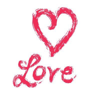 Fırça kalın metin kırmızı vektör kalp anahat ve Love harflerle. El çizilmiş illüstrasyon motifi. Inky doku aşk romantik sevgililer günü, düğün veya teklif clipart için yazı gerek tüm