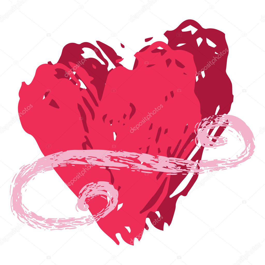 Brush stroke red vector 2 love hearts entwined flourish texture. Hand drawn illustration motif for passion sticker, I love you valentines day card, romantic wedding heart or proposal clipart.