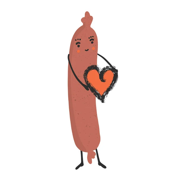 Lindo Vector Hot Dog Sosteniendo Corazón Amor Dibujos Animados Ilustración — Archivo Imágenes Vectoriales