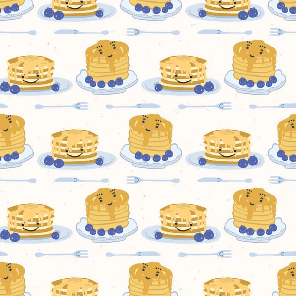 Cute Blueberry Pancake Day Breakfast Vector Illustration Seamless Repeating Pattern — Stock Vector