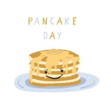Şirin tava keki gün kahvaltı vektör çizim. El lezzetli krep yığını akçaağaç şurubu ile damlama plaka üzerinde çekilmiş. Yaratıcı metin yazı. Foodie kutlama için gıda clipart.