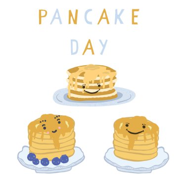 Şirin tava keki gün kahvaltı vektör çizim. Elle çizilmiş motifi küme. Akçaağaç şurubu damlama ile plaka üzerinde lezzetli krep yığını. Yaratıcı metin yazı. Foodie kutlama için gıda clipart.