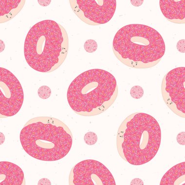 Gökkuşağı ile şirin pembe çörek karikatür vektör çizim sprinkles. Sorunsuz yinelenen desen attı. Çizilmiş kawaii pasta ver. Yüz ekmek foodie blog, mutfak dekorasyonu, Cafe tüm yazdırma için gülümse.