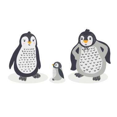 Sevimli çizgi penguen aile vektör çizim el kawaii hayvan çizilmiş