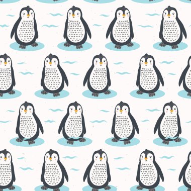 Sevimli çizgi penguen piliç vektör çizim. Dikişsiz yinelenen desen .