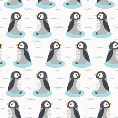 Sevimli çizgi penguen kızlar illüstrasyon vektör. Dikişsiz yinelenen desen .