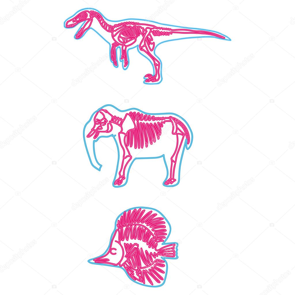 Velociraptor, elephant, fish vector neon skeleton illustration. Fossil cartoon motif set.