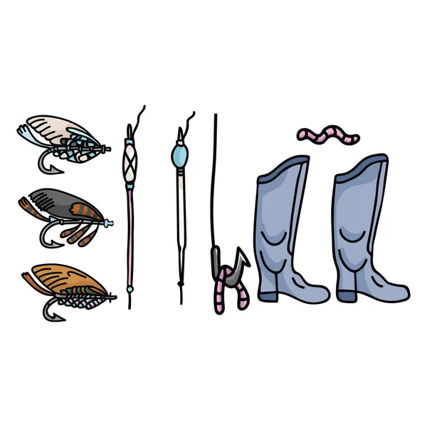 Lindo aparejo de pesca ilustración vector de dibujos animados conjunto de motivos. Pescado a mano — Vector de stock