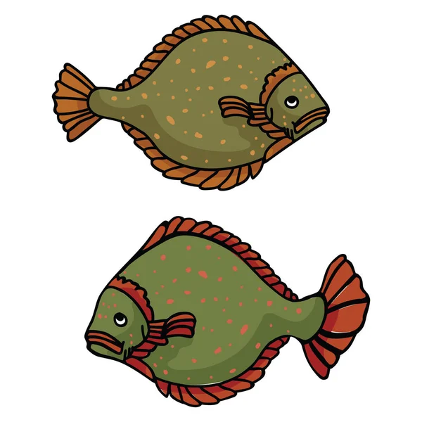 Realistic flounder cartoon vector illustration motif set. Hand drawn halibut — Stock Vector